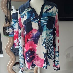 Desigual Denim trim Floral Print Long-Sleeve Henley Top